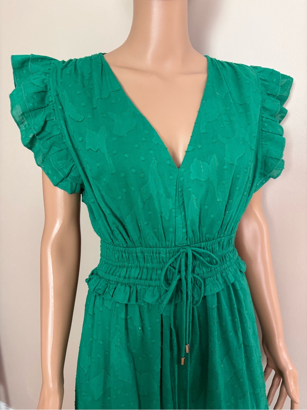 BOHO! Women's KARINA GRIMALDI Kelly Green KARLA Tiered RUFFLE Sleeve MAXI DRESS - Picture 2 of 7